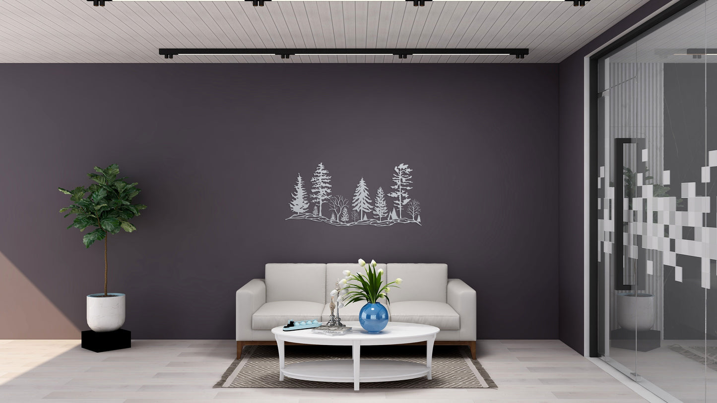 Tree Hillside, 50" wide x 23.5" high, Brushed Aluminum, Metal Wall Art