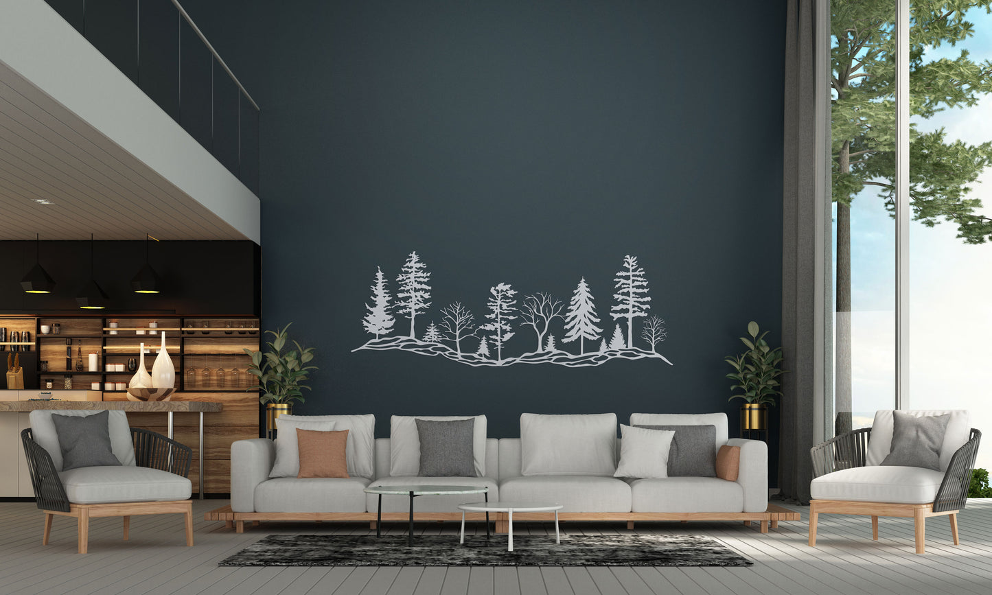 Tree Hillside, 72" wide x 26" high, Brushed Aluminum, Metal Wall Art